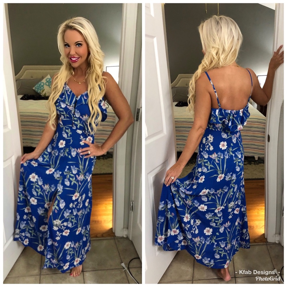 🛍Stunning! Royal Blue Ruffled Floral Maxi Dress! - Picture 1 of 5